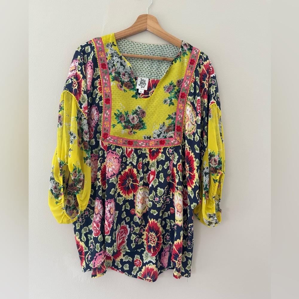 Ivy Jane Floral Boho Wide Sleeve Flowy Top Large Pheasant Top Spring Yellow